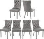 Velvet Dining Chairs Set of 6, High-end Tufted Upholstered Dining Chair with Back Ring Pull, Nailhead Trim and Silver Solid Wood Legs, Modern Dining Room Chairs for Dining Room, Light Gray