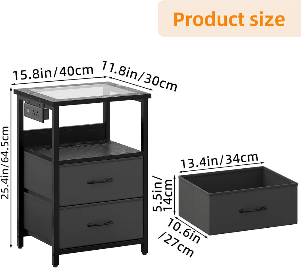 TOMNK End Table with Charging Station, Nightstand with Fabric Drawers, LED Li...