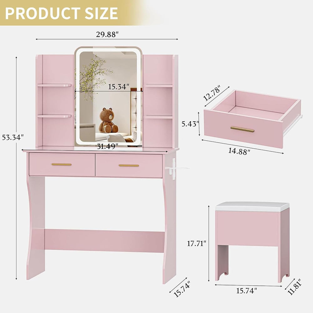 Vanity Desk with LED Lights Mirror & Power Outlet, Small Makeup Vanity Ta...