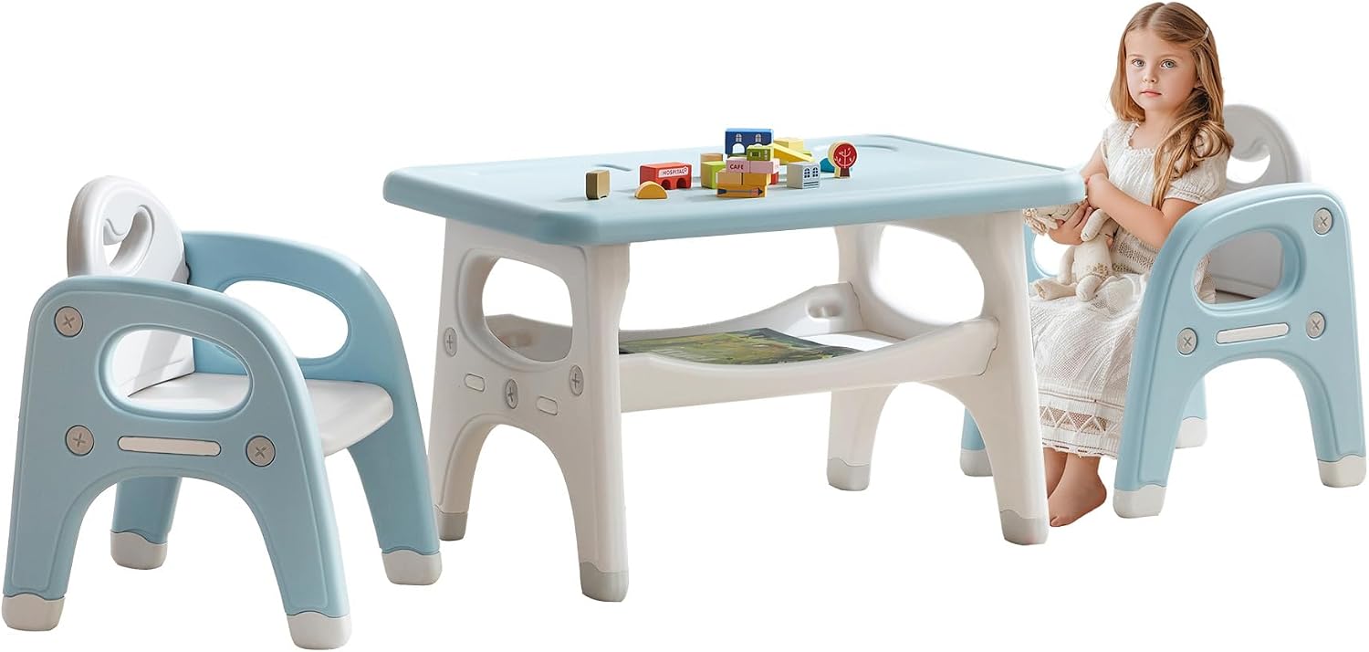 Kids Table and Chairs Set, Activity Table with 2 Chairs for Ages 3-6, Toddler Table and Chair Set Ideal for Reading, Drawing, Dining, Arts Crafts,Gifts for Kids (Blue)