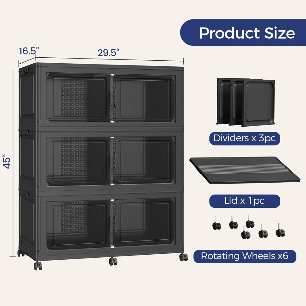 120Gal Stackable Storage Bins with Lid, 480Qt Extra Large Collapsible Storage Box with Wheels, Dividers, Folding Plastic Cabinet Closet Organizers for Home Kitchen Office Dorm, 3Pack Black