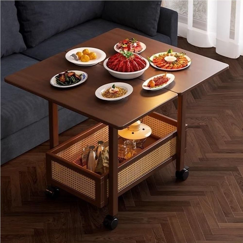 Expandable Wooden Coffee Table with Wheels Side Table with Storage Basket Rem...