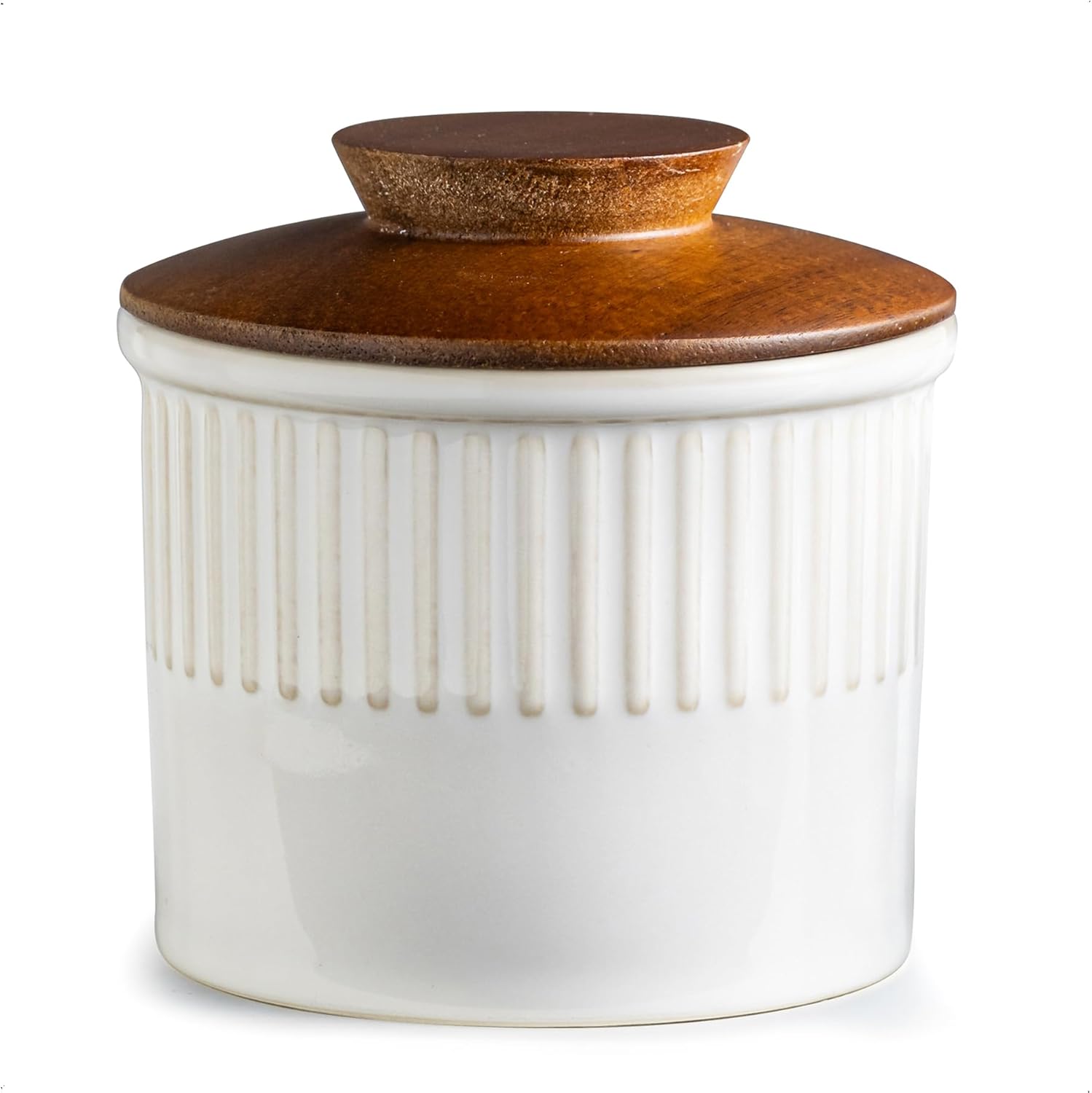 Ceramic Butter Dish With Lid, Butter Crock for Countertop, French Butter Keeper Holder for Spreadable Butter, Classic Stripe, Cream White