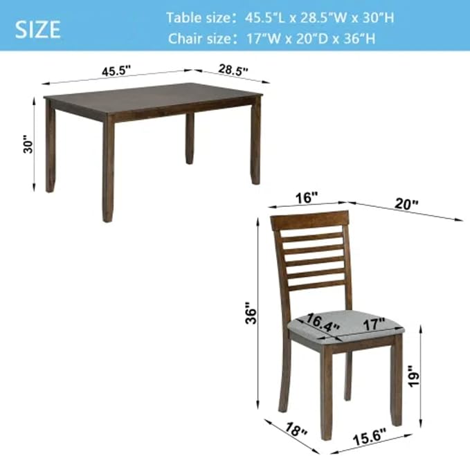5-Piecern Dining Table Set, Kitchen Set with One Rectangular Table and 4 Upholstered Chairs, Living Room Chairs with Ladder Backrest and Comfortable Seat Cushion, Walnut