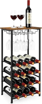 OYEAL Wine Rack Freestanding Floor, Rustic Wine Holder Stand with Wine Storage and Bottle Shelf, 16 Bottles Floor Wine Rack Shelf for Kitchen Dining Room, Office, Bar, Rustic Brown