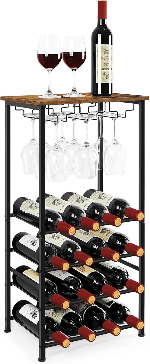 OYEAL Wine Rack Freestanding Floor, Rustic Wine Holder Stand with Wine Storage and Bottle Shelf, 16 Bottles Floor Wine Rack Shelf for Kitchen Dining Room, Office, Bar, Rustic Brown