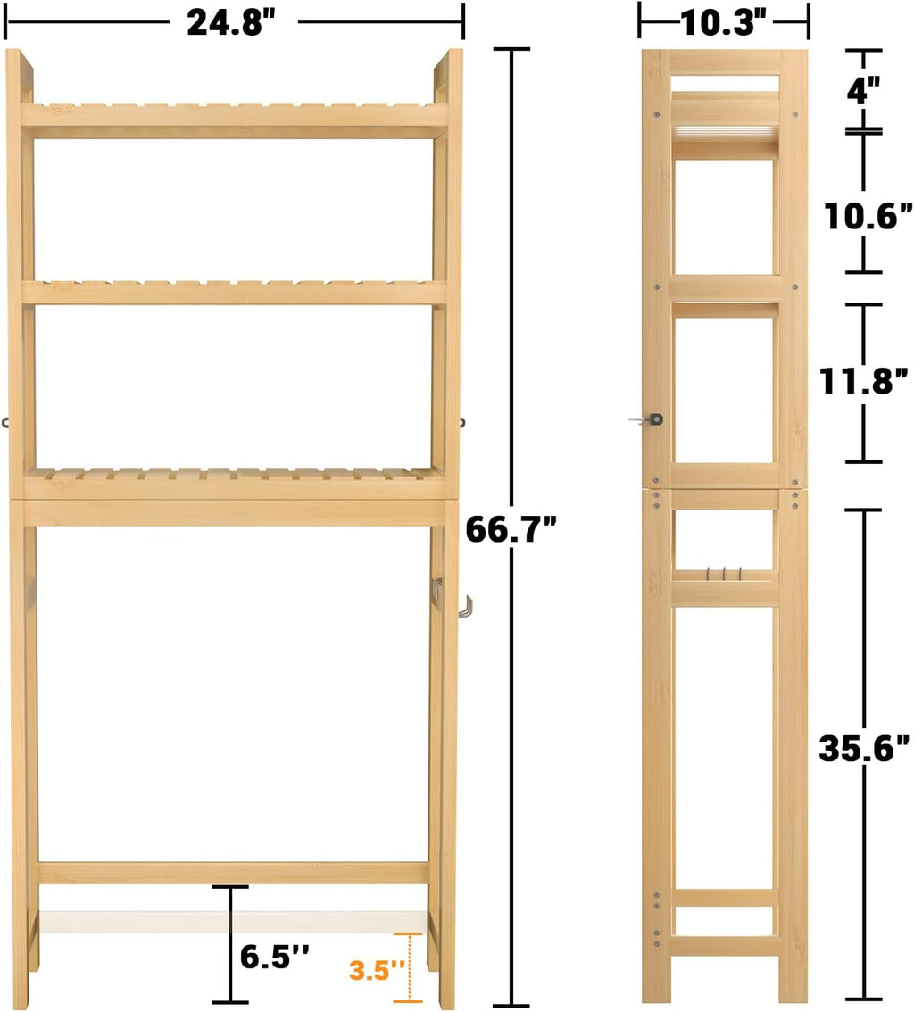 Homykic Over The Toilet Storage, 3-Tier Bamboo Bathroom Shelf with 3 Hooks, Above Toilet Organizer Rack Freestanding for Small Space, Restroom, Laundry, Easy Assembly, Natural