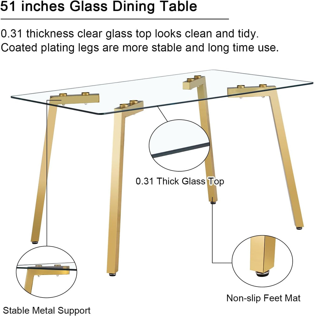 51" Glass Dining Table Set 4 with Gold Metal Leg