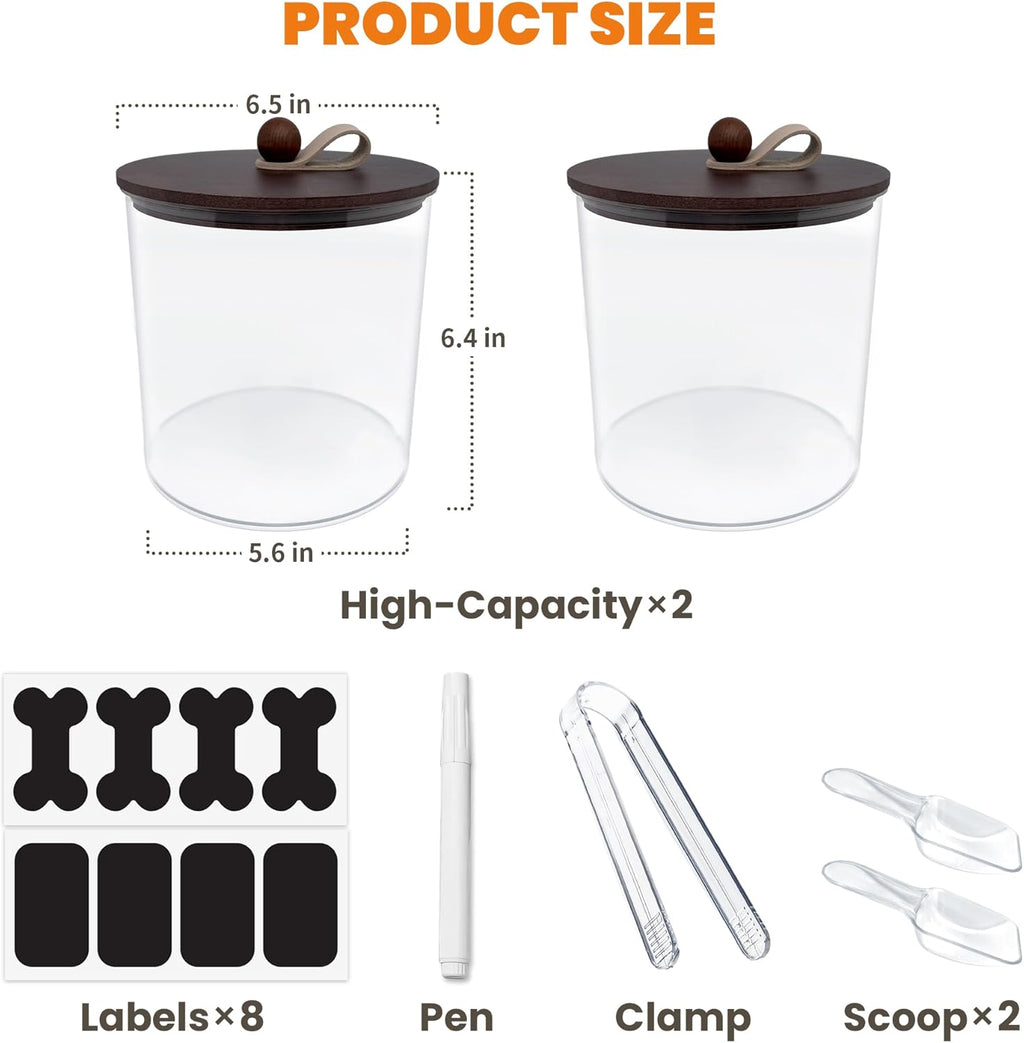 2 Pack Airtight Dog Food Storage Container,Dog Treat Container Dog Treat Jar with Wood Lids 6x5'',Pet Food Storage Container,Cat Food Container with Scoops,Food Tong,Labels,Pen