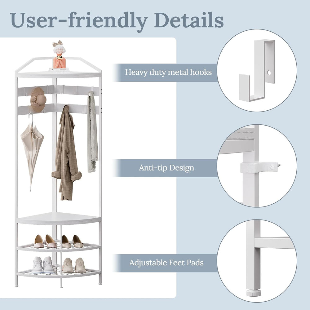 GiftGo Corner Hall Tree with Shoe Bench Entryway Coat Rack with 10 Metal Mova...