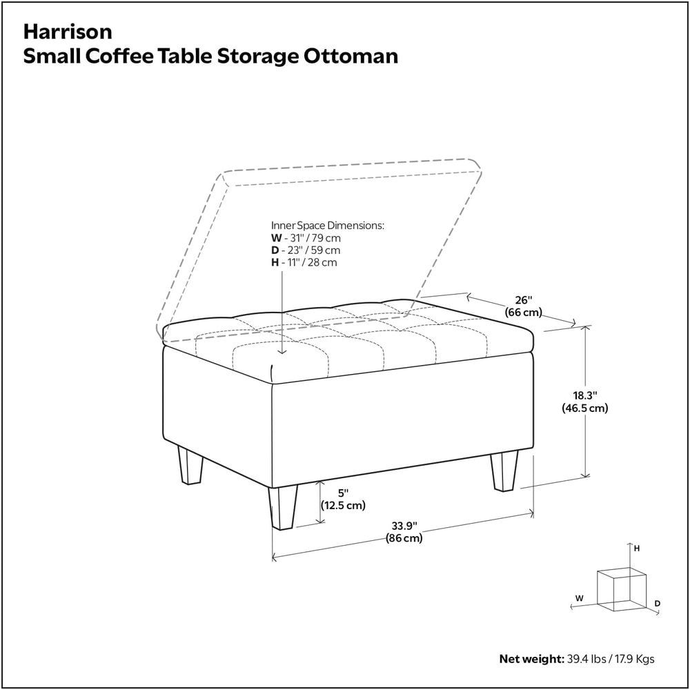 SIMPLIHOME Harrison Coffee Table Storage Ottoman - 36 inch Wide Upholstered V...