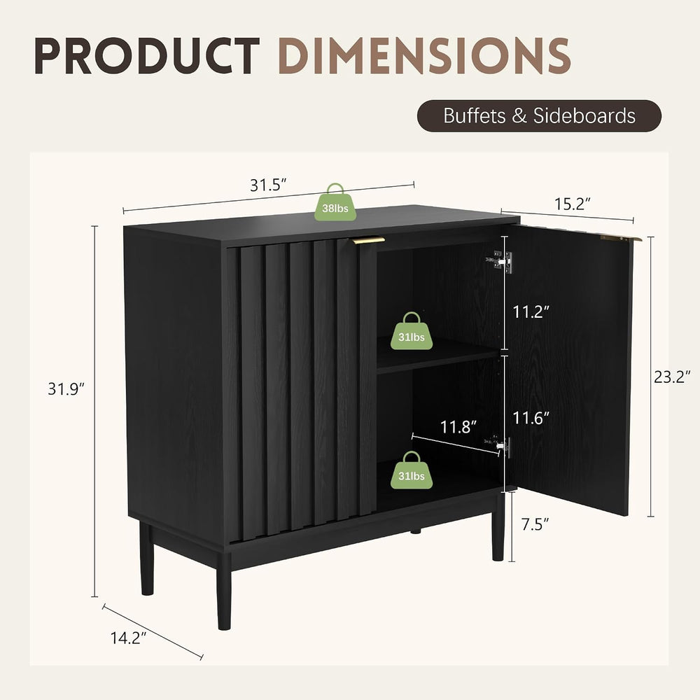 Fluted Buffet Cabinet with Storage, Small Accent Cabinets, Black