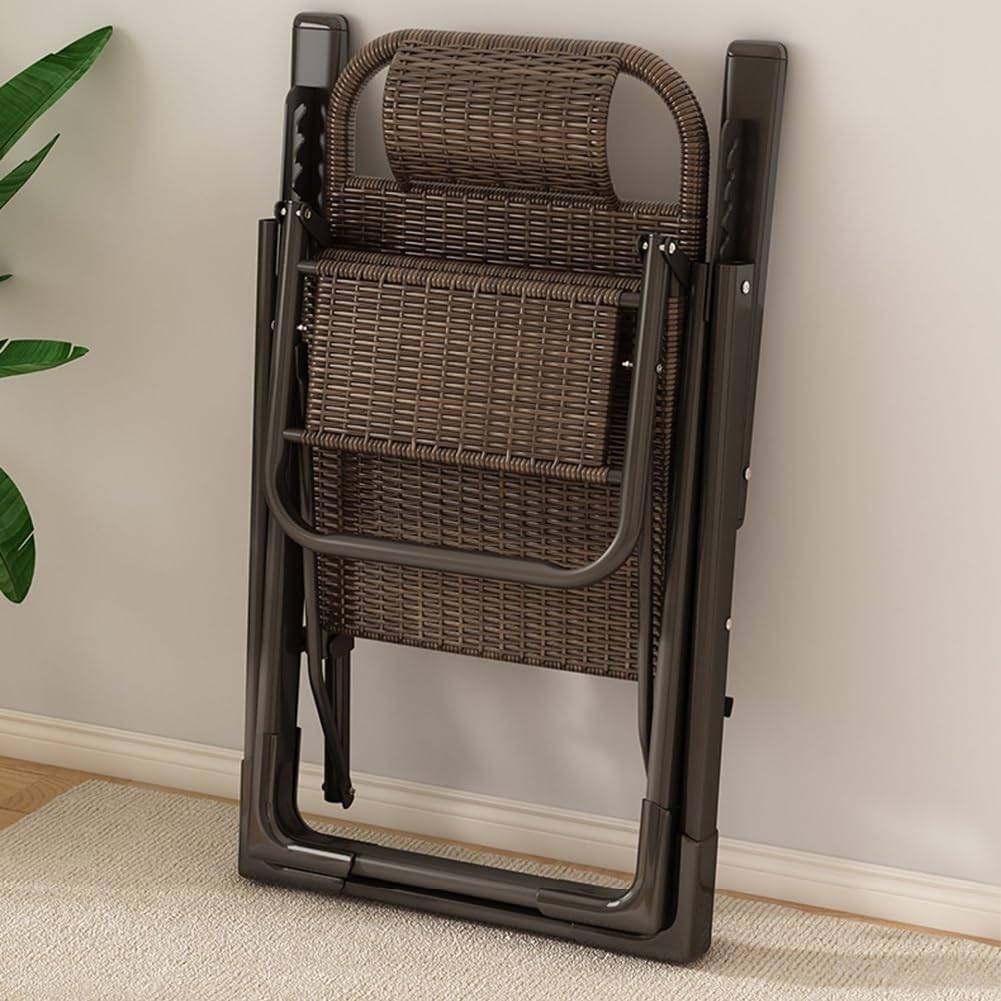 Gravity Folding Sun Lounge Chair Rattan Recliner with Pillow and High Backrest Wicker Adjustable