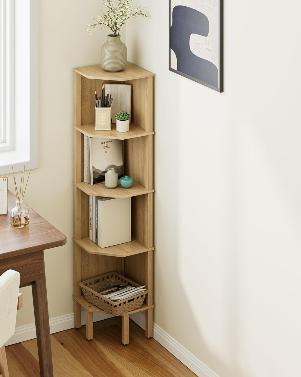 Corner Shelf, 5 Tier Corner Bookshelf, Display Corner Shelf Stand with Storag...