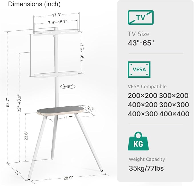 Tripod Easel TV Stand for 43 to 65 Inch LCD Led Screen, Height Adjustable and Swievel TV Stand, Portable TV Floor Stand with Wooden Tray for Bedroom, Living Room, Studio, Metal White.