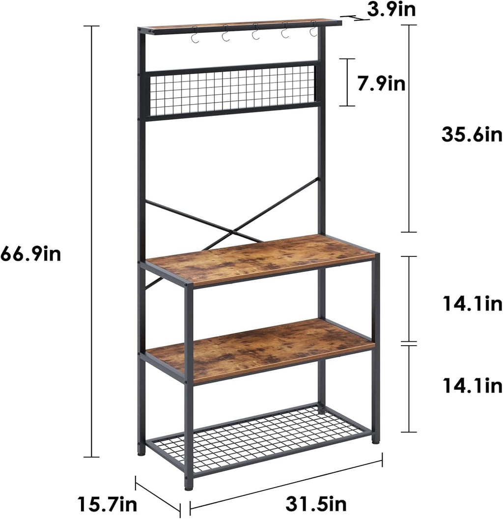 soges Kitchen Baker's Rack, 4-Tier Design, Microwave Stand, Rustic Brown, Utility Organizer, Mesh Bottom Panel, Free Standing with 5 Hooks