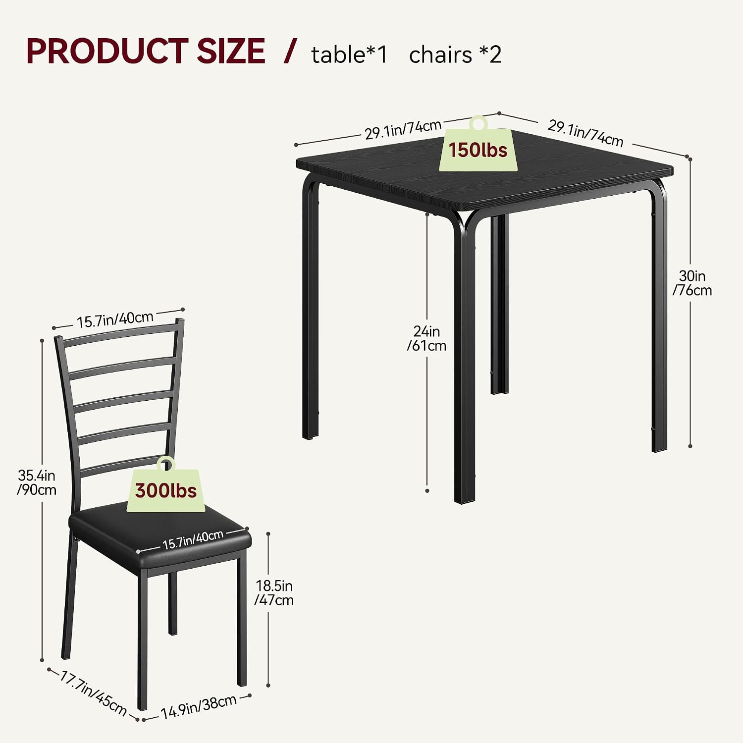 GarveeHome 3-Piece Kitchen Dining Room Table Chair Set for Small Space, Indoor Modern Dinette Set for 2, Square Dinner Table Set for Dinette (Black, Dining Table with 2 Chairs)