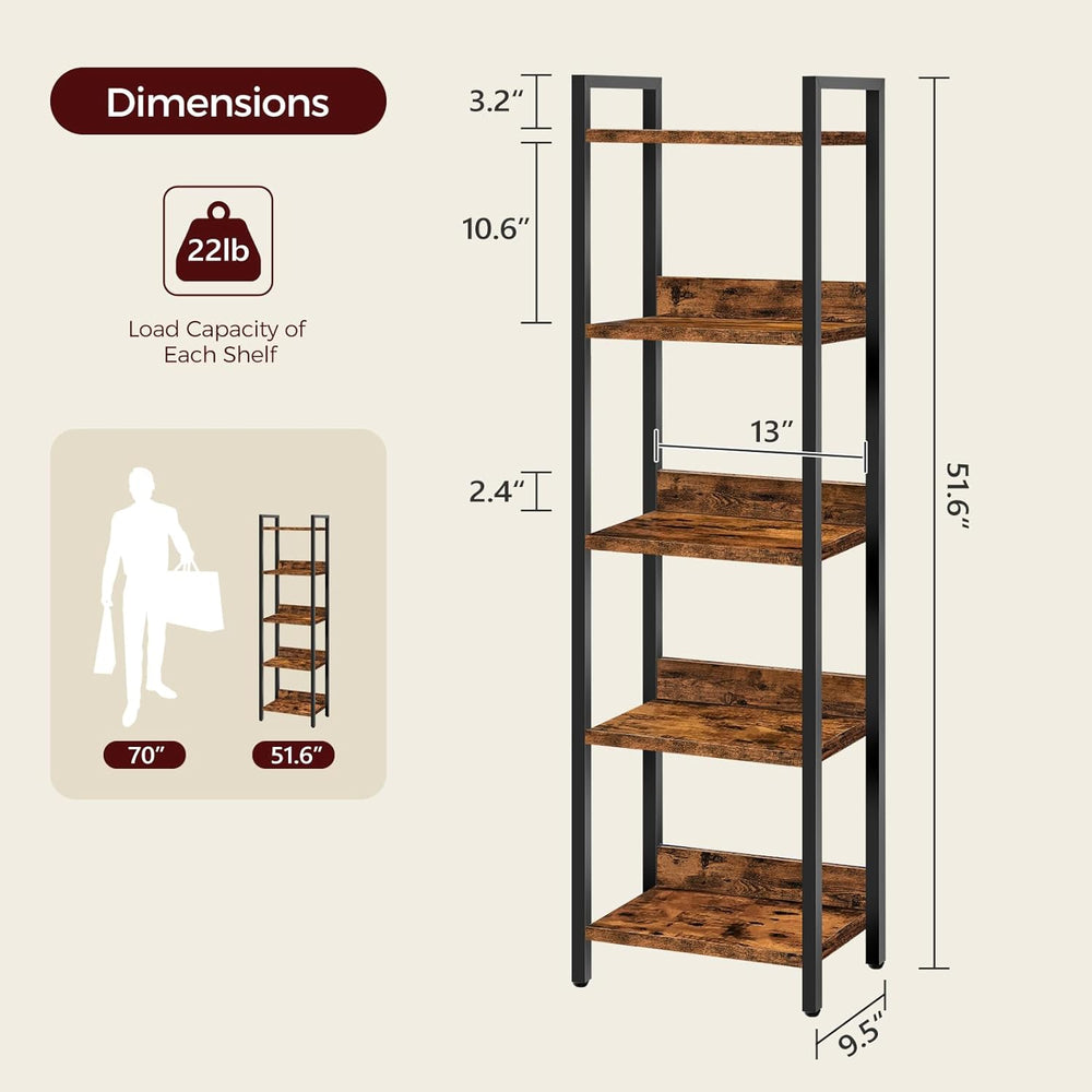 MAHANCRIS Bookshelf, 5-Tier Bookcase, Standing Book Shelf for Small Space, St...