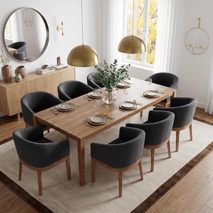 Dining Chairs Set of 8 Mid-Century Modern Dining Chairs, Linen Upholstered Kitchen Dining Room Chairs, Curved Backrest Dining Chair with Wood Legs, Charcoal