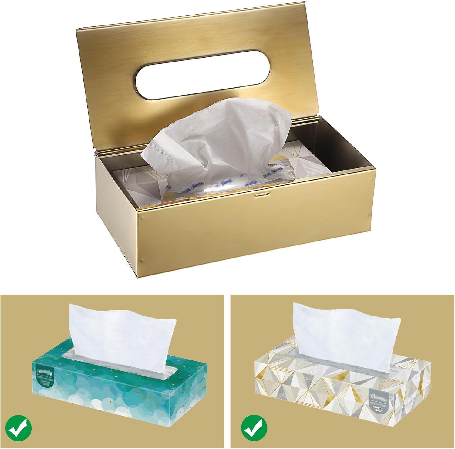 Sumnacon Tissue Box Cover Rectangle Stainless Steel Tissue Box Stylish Tissue Box Holder, Modern Tissue Cover for Bathroom Toilet Bedroom Living Room Kitchen Table Desk Office, Gold