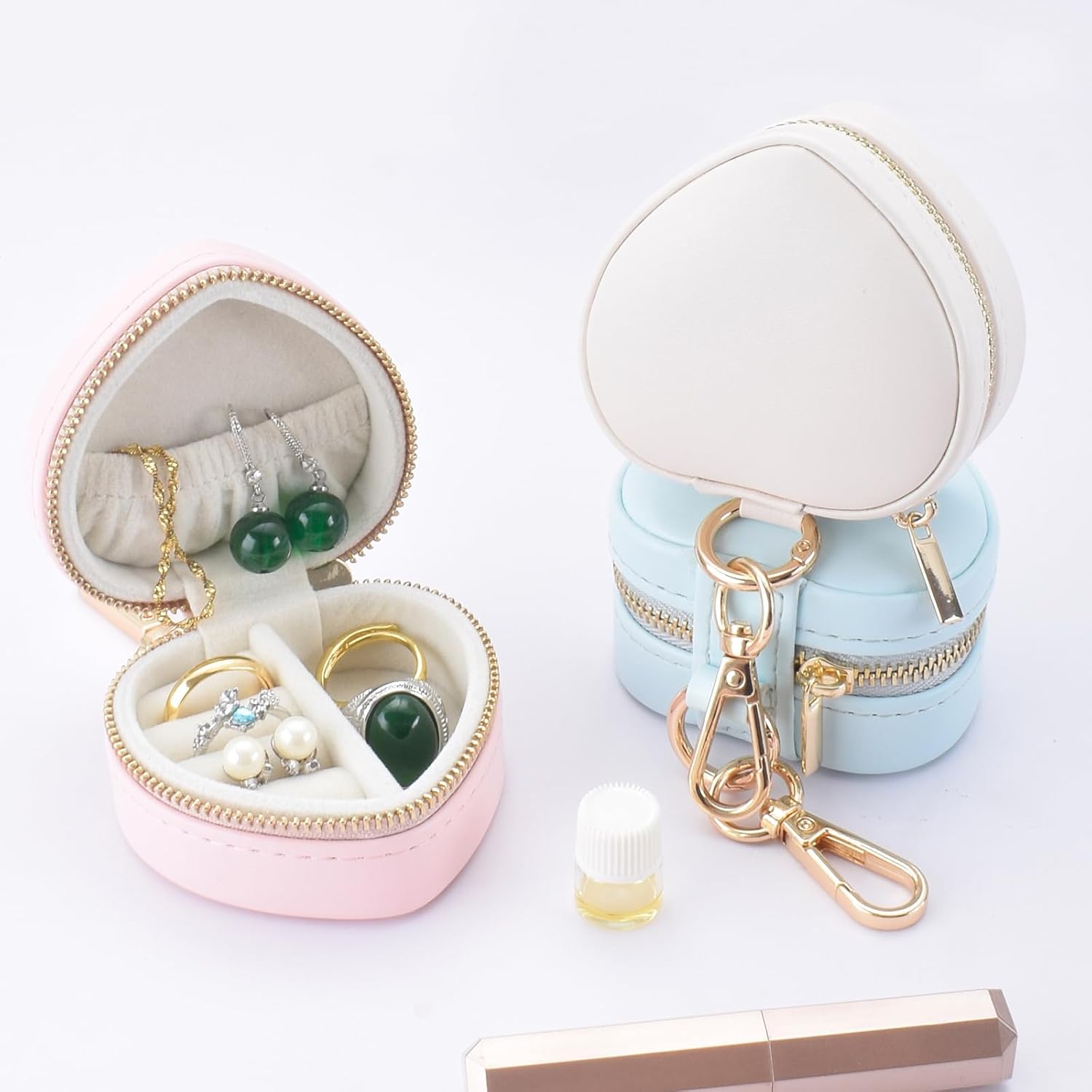 Heart Shape Ring Holder Keychain, Mini Travel Jewelry Case for Wedding Ring, Sports & Vacation, Portable Zipper Clutch Organizer for Earrings Necklace, Premium Gift for Women Girls (Pink)
