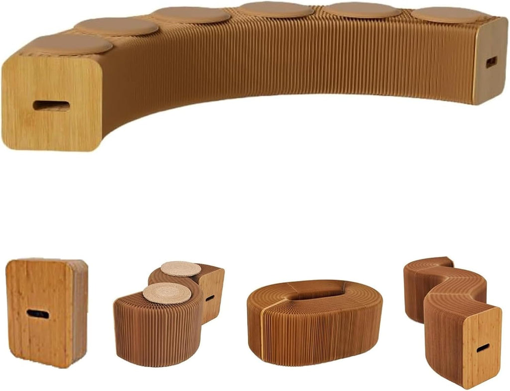 Paper Folding Stools, Collapsible Stool with Round Cushions, Accordion Telescopic Portable Seat for Adults, Minimalist Furniture for Home School, Office(Brown,118" L x 11.8" W x 16.5" H 6Cush)