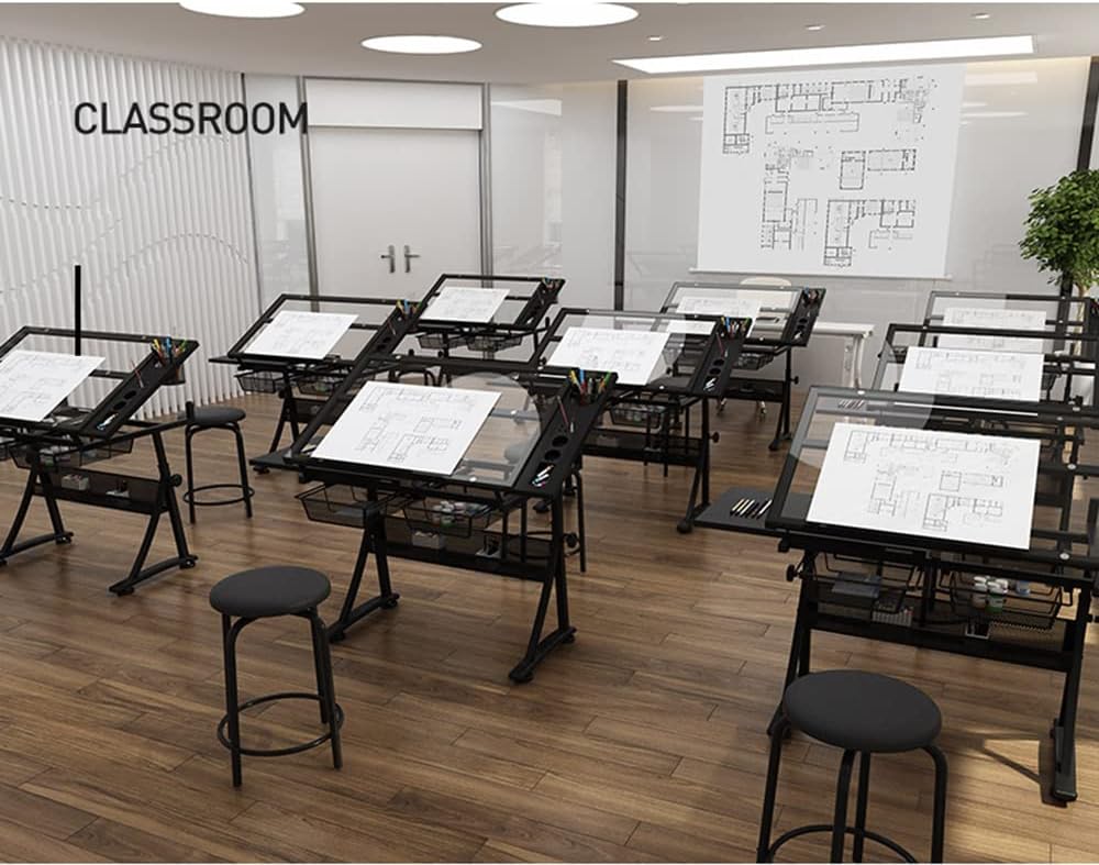 Height Adjustable Professional Drawing Desk, Glass Tabletop,Tiltable Craft Ta...