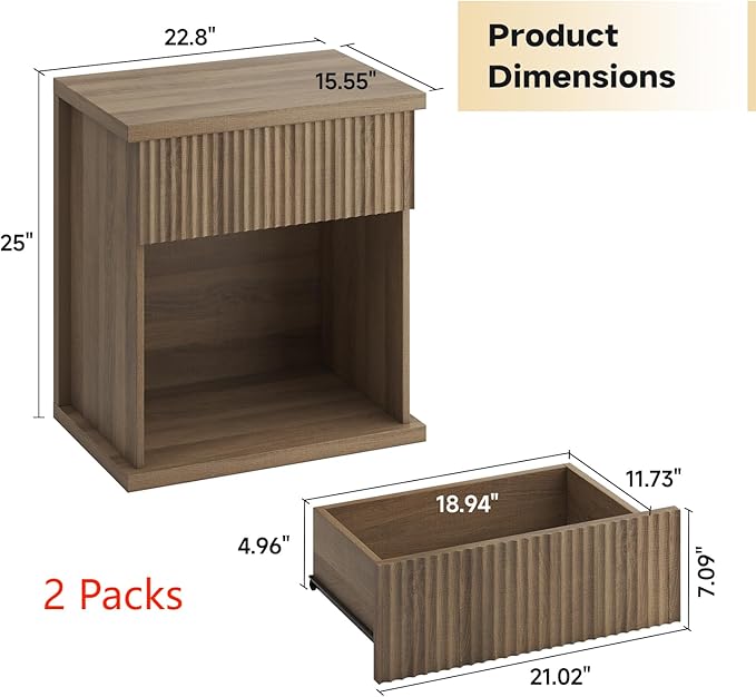 Fluted Nightstand Set of 2, 22.8" Wide Nightstands with Drawer Storage L...