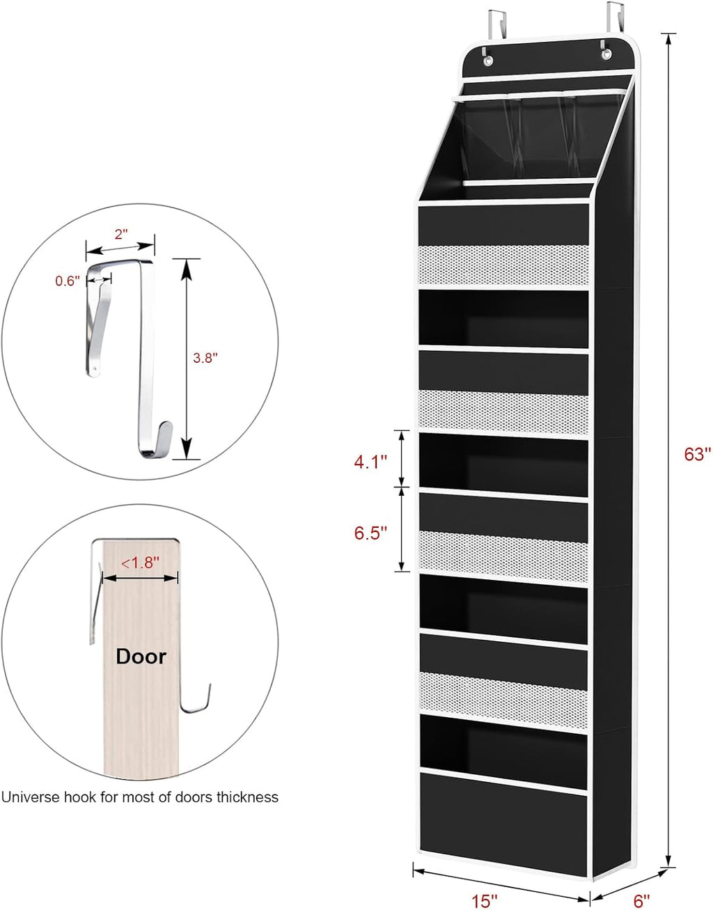 Univivi 6-Shelf Over Door Hanging Organizer Fabric Baby Door Storage with 5 Large Pockets and 3 Small PVC Pockets Wall Mount Hanging Storage Organizers for Baby Essential (Black)