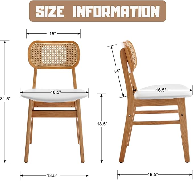 Rattan Dining Chairs Set of 6 White Faux Leather Dining Room Chairs Natural Wooden Kitchen Chairs Farmhouse Side Chairs