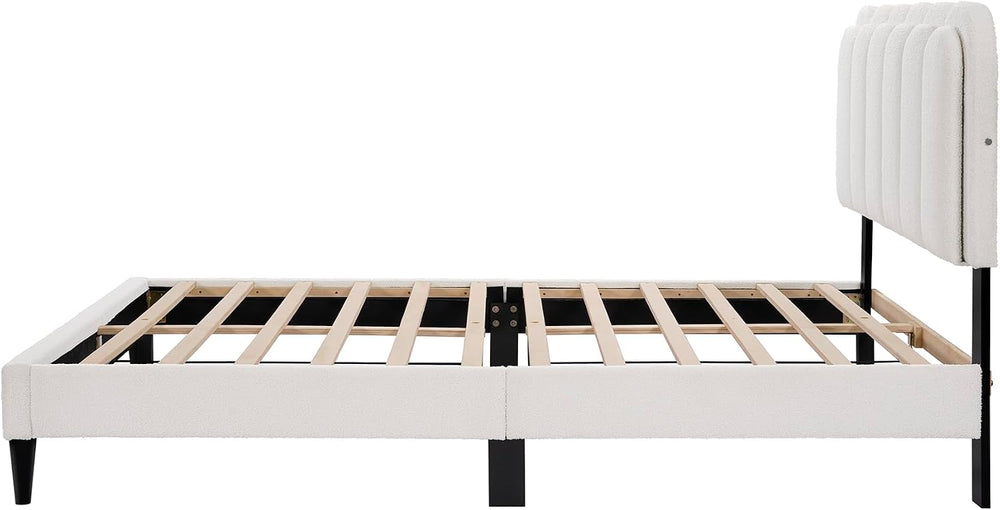 Peanu Queen Boucle Bed Frame, Petal Headboard, Ambient Light, White