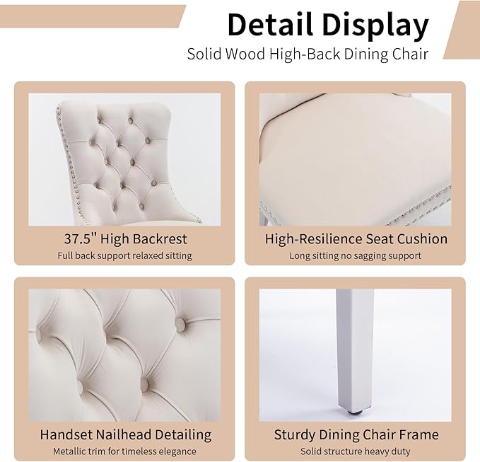 Luxury Upholstered Dining Chairs Set of 2, Beige Kitchen Chair with Silver Metal Legs, Velvet Tufted Back Dining Chair, Sillas de Comedor, Modern Kitchen & Dining Room Chairs (Beige, 2 Pcs)
