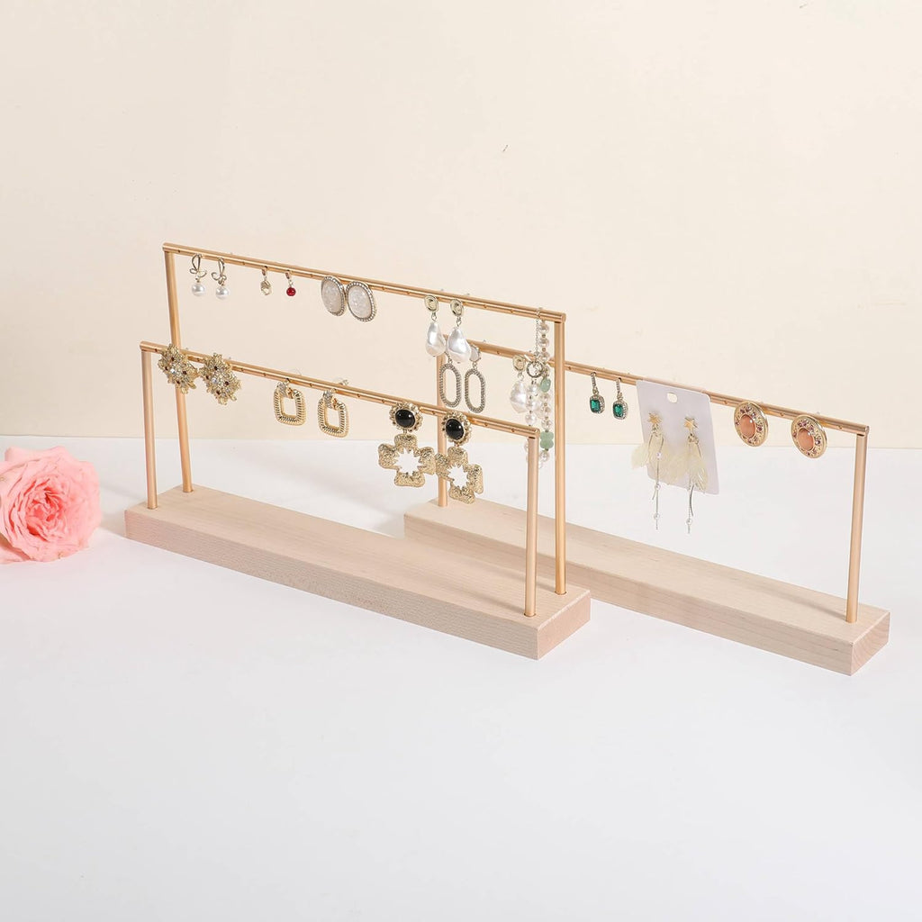 GemeShou wooden earring holder organizer for girls, maple stud earring display stand for boutique store, jewelry storage organizer shelf【maple stand-Two Tiers】