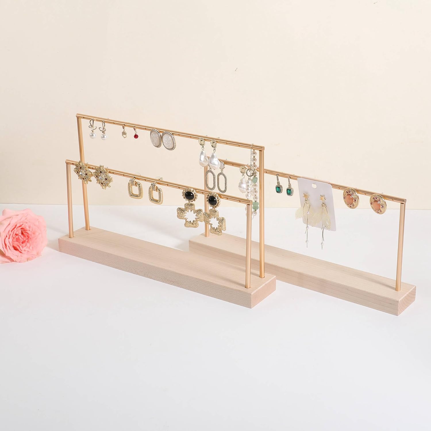 GemeShou wooden earring holder organizer for girls, maple stud earring display stand for boutique store, jewelry storage organizer shelf【maple stand-Two Tiers】