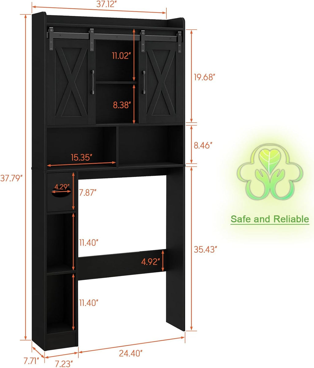 Vabches Over The Toilet Storage Cabinet, Farmhouse Storage Cabinet Over Toilet with Sliding Doors & Toilet Paper Holder Stand，Home Space-Saving Toilet Rack, for Bathroom, Laundry and Restroom.Black