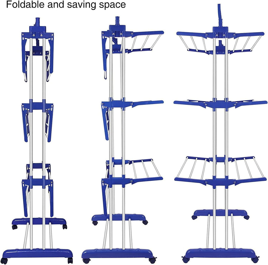 Bigzzia Clothes Drying Rack, Folding Stainless Steel Drying Rack Clothing Indoor Outdoor, Space-Saving, 4 Tier Laundry Drying Rack with Two Side Wings Grey Blue