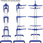 Bigzzia Clothes Drying Rack, Folding Stainless Steel Drying Rack Clothing Indoor Outdoor, Space-Saving, 4 Tier Laundry Drying Rack with Two Side Wings Grey Blue