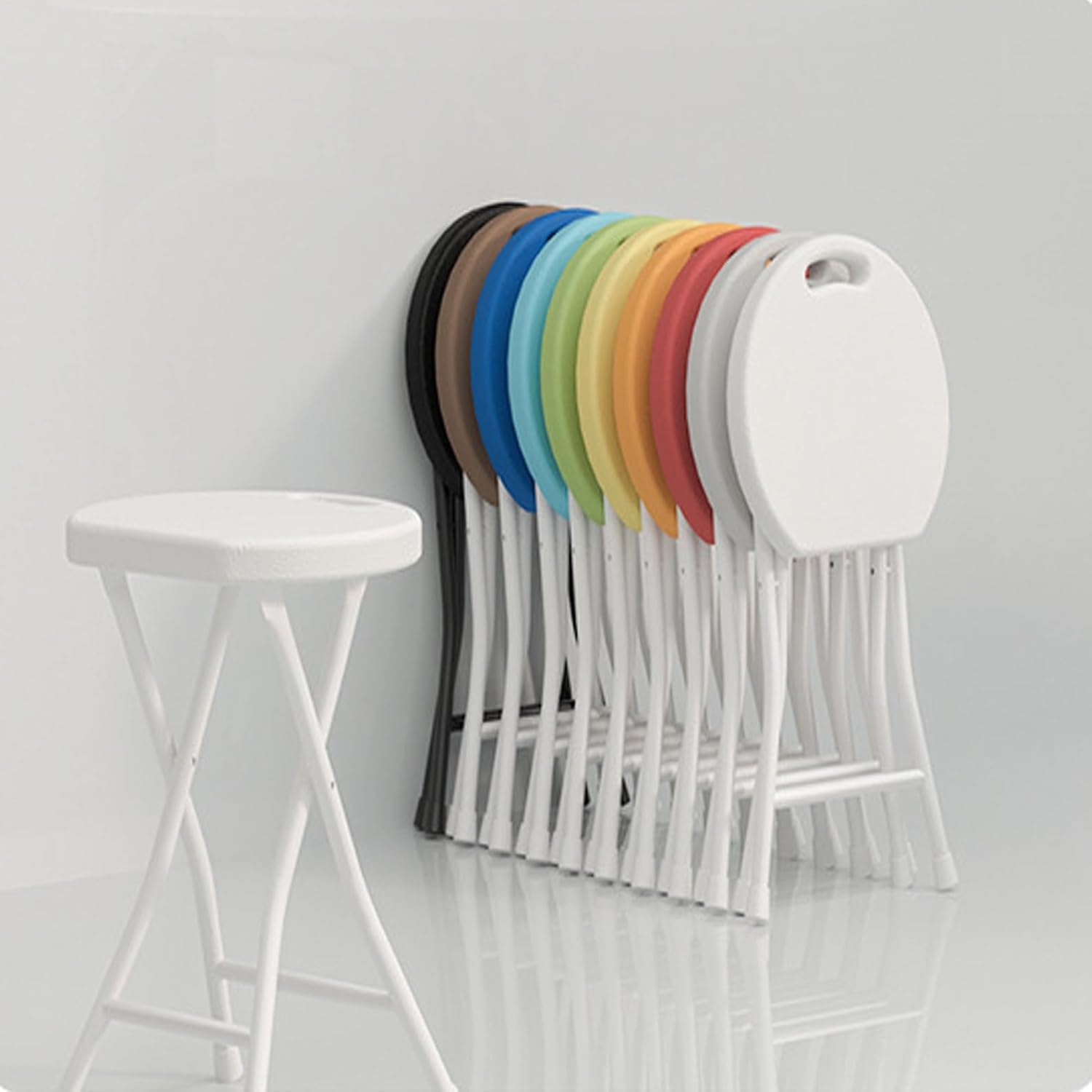 Portable Round Stool, 18 inch, Lightweight, Bar Stool, Sturdy Plastic, Foldable, Steel Frame Legs, Metal Chair, No Assembly Required, White