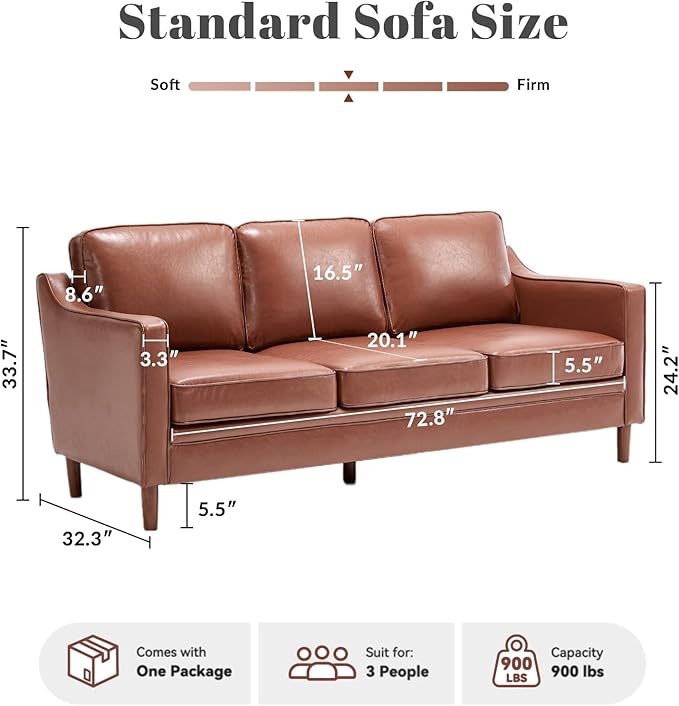 Kingfun 80" Faux Leather Sofa, 3 Seater Couch, Mid Century Modern Couches with Solid Wood Legs for Living Room & Bedroom, Dark Brown