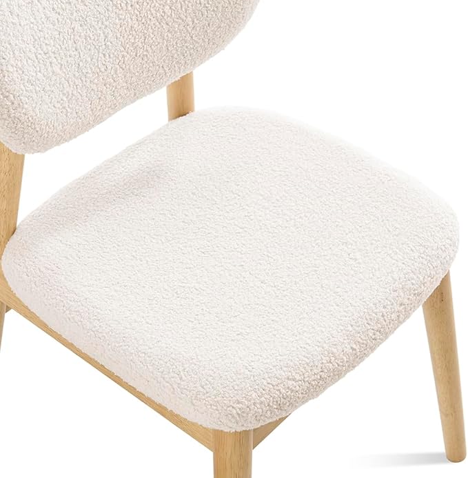 Wooden Dining Chairs Set of 2, Farmhouse Boucle Upholstered Kitchen Chairs, White