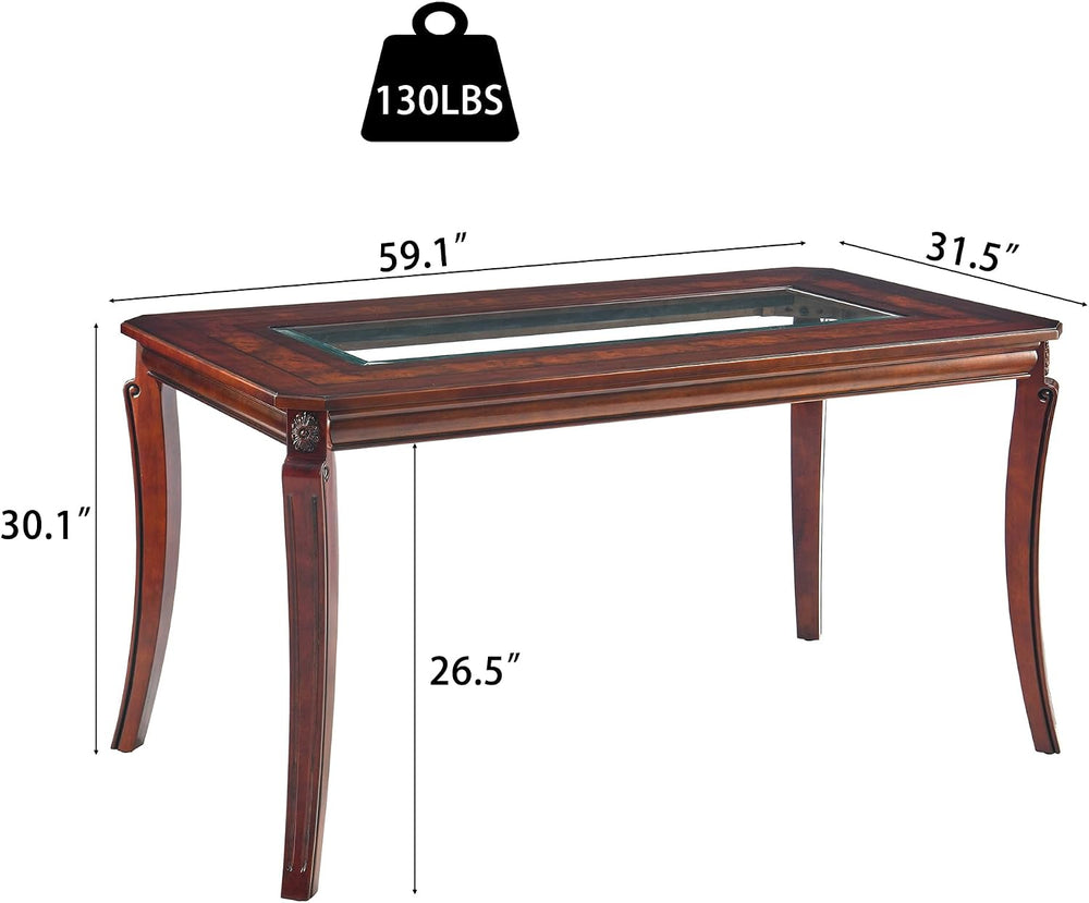 Rectangular Glass Dining Table 59” with Cherry Veneer Frame and Solid Wood Le...