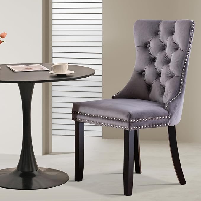3-Pieces 31.5" Round Dining Table Set for 2, Black Dining Table & 2 Velvet Upholstered Dining Chairs for Kitchen Dining Room Apartment Small Space(Black Table & Grey Chairs)