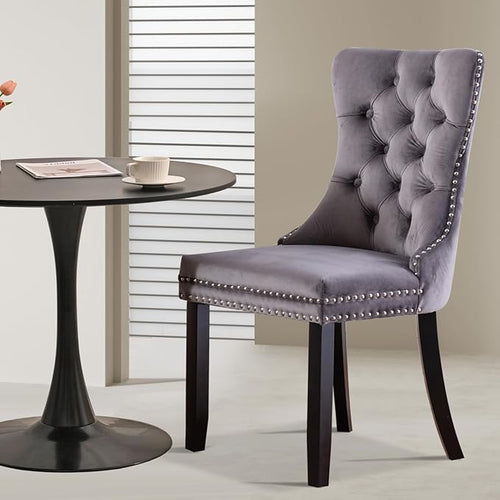 3-Pieces 31.5" Round Dining Table Set for 2, Black Dining Table & 2 Velvet Upholstered Dining Chairs for Kitchen Dining Room Apartment Small Space(Black Table & Grey Chairs)