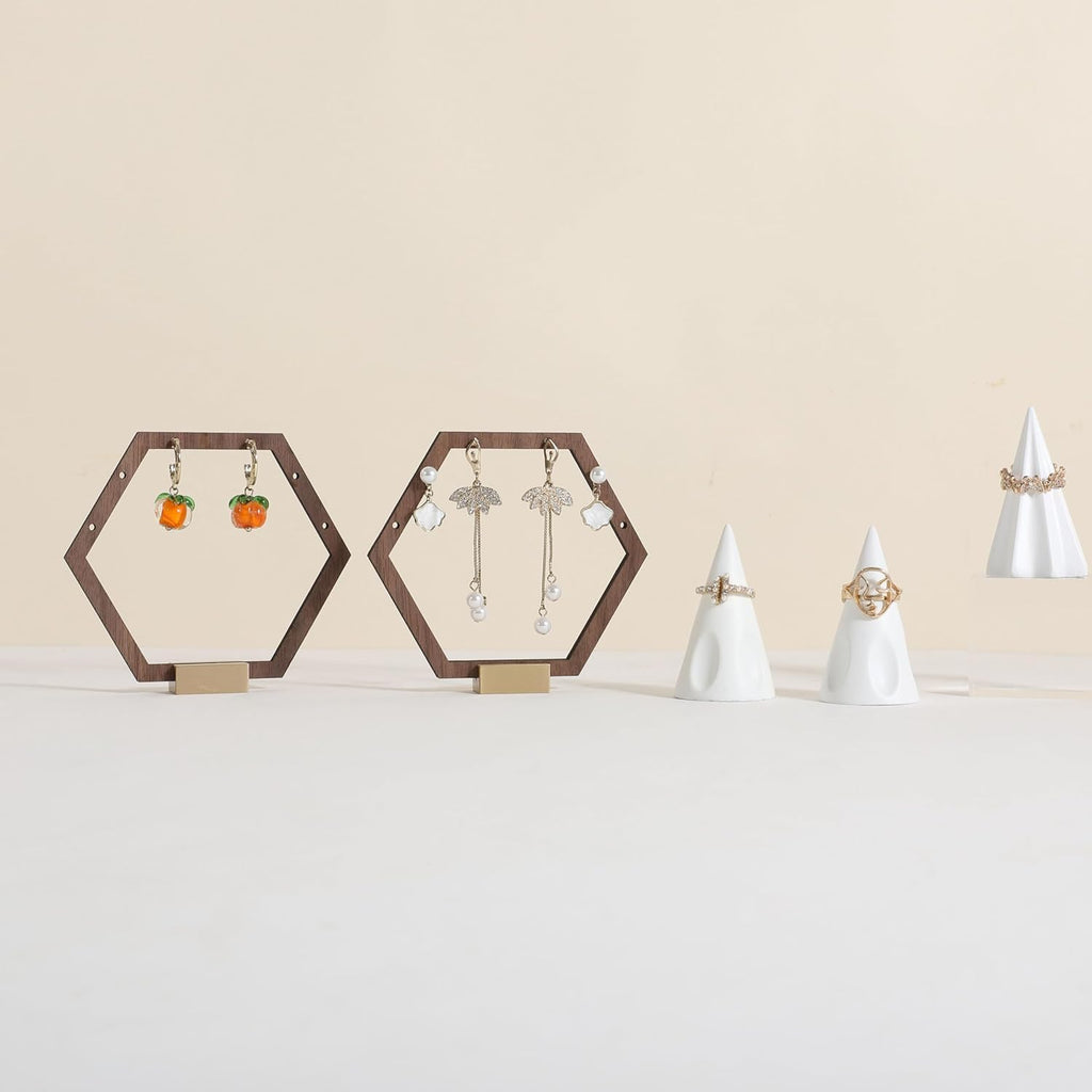 GemeShou 3pcs Wooden stud earring organizer holder, walnut earring hangers with brass base, Small Cute earring display for selling with 9 holes for each【Hexagon frame-3pcs】