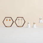 GemeShou 3pcs Wooden stud earring organizer holder, walnut earring hangers with brass base, Small Cute earring display for selling with 9 holes for each【Hexagon frame-3pcs】
