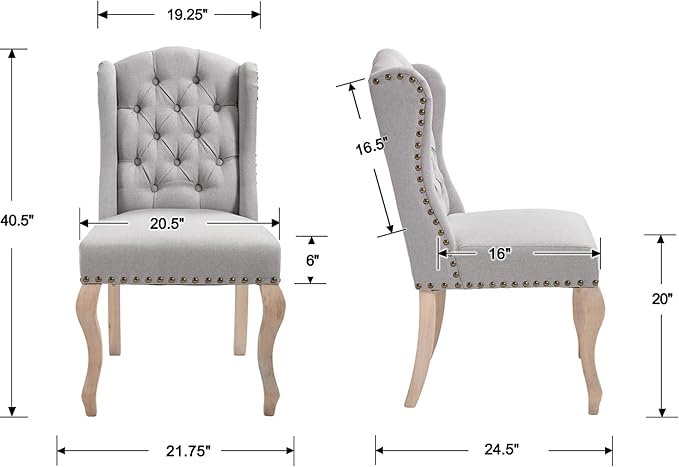 Upholstered Dining Chairs Set of 2 for Kitchen and Dining Room Farmhouse Fabric Tufted Accent Chairs for Living Room and Bedroom with Wooden Legs, Grey