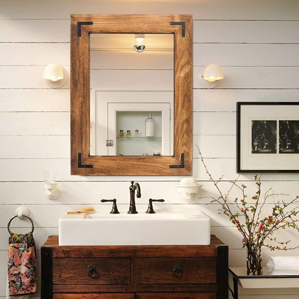 YOSHOOT Rustic Wooden Framed Wall Mirror, Natural Wood Bathroom Vanity Mirror...