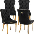 Mid Century Modern Dining Chairs Set of 4, Black Velvet Upholstered Tufted Back, Kitchen & Dining Room Chairs, Gold Metal Legs, Nailhead Trim, Sillas para Comedor (Black, 4 Pcs)