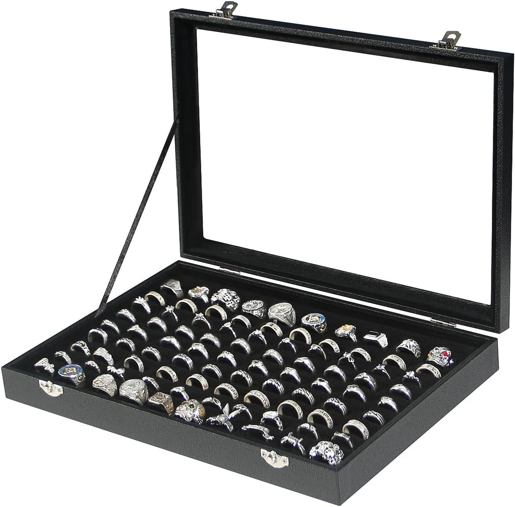 Coward Ring Organizer Jewelry Box, Black Velvet 100 Slots Ring Display Tray Case with Transparent Glass Lid for Home Use or Store Selling Show