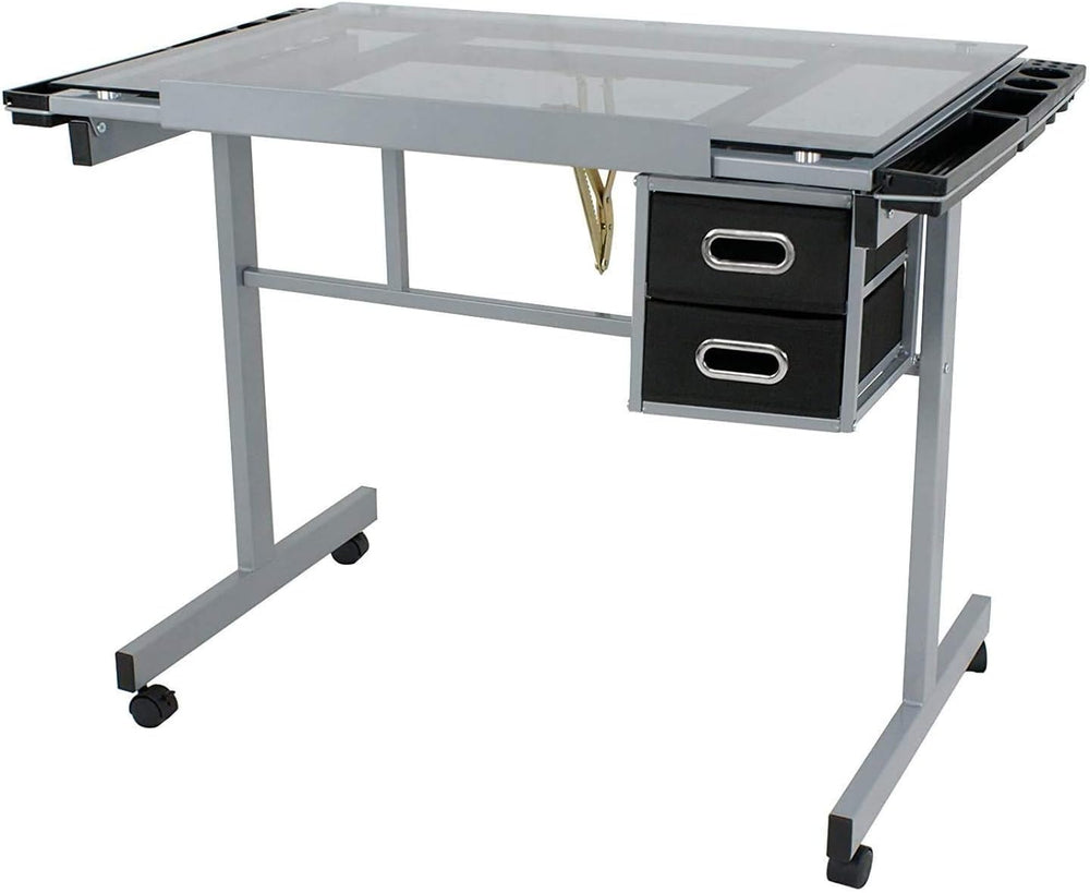 HomGarden Adjustable Drafting Drawing Table Desk Tempered Rolling Glass Top A...